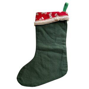 Vintage Homemade Christmas Stocking With Lace Trim & Green Ribbon